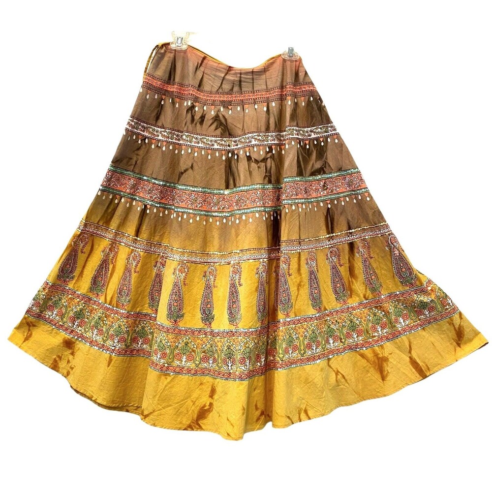 Southwestern Indian Aztec Sequins Boho Midi Full Skirt Earth Tones Zipper Large